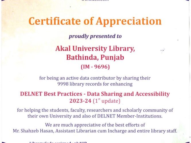 certificate-delnet-for-akal-university-library