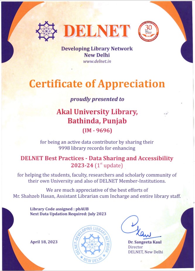 certificate-delnet-for-akal-university-library